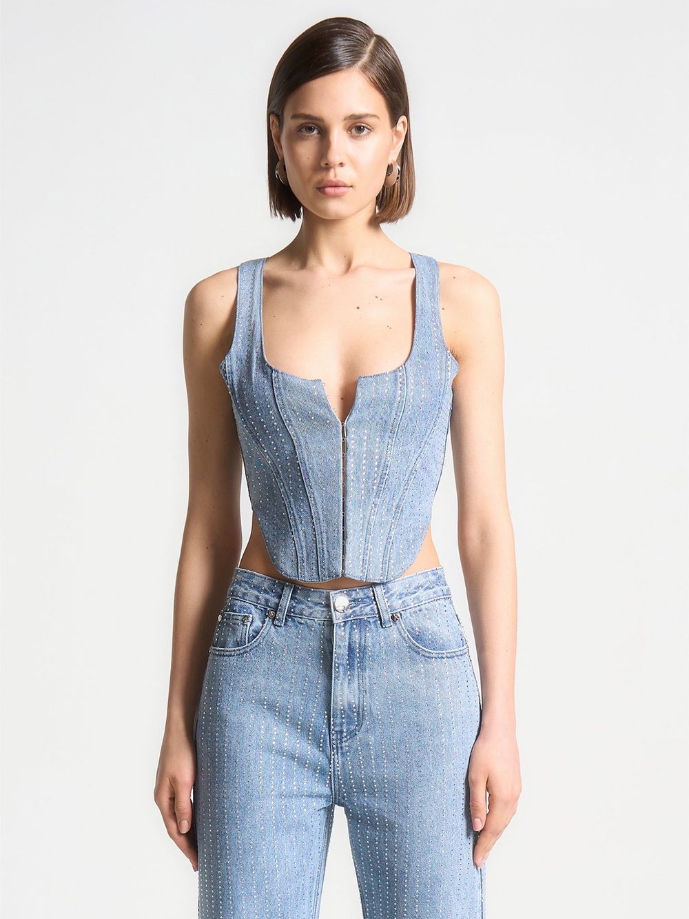 Light Blue Diamond Denim Corset Top and Jeans Set